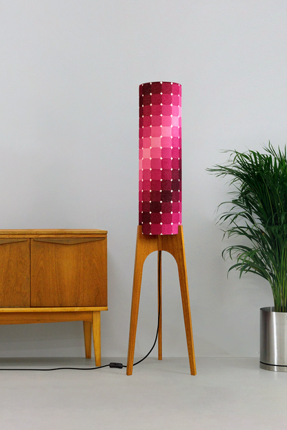 Roxy - Handcrafted wooden Rocket floor lamp with a unique design, handmade lampshade from 70's vintage fabric in in graduating shades of blush pink, raspberry, berry and deep burgundy.