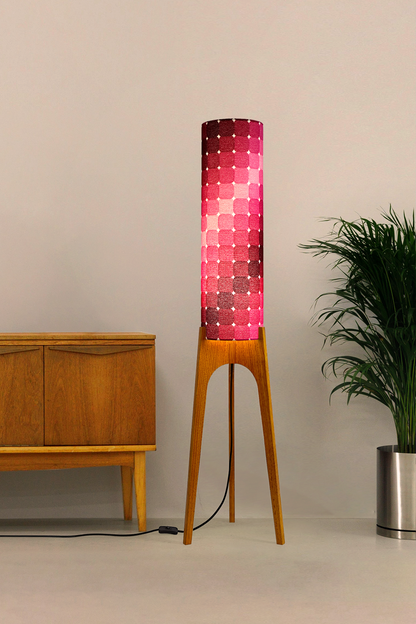 Roxy - Handcrafted wooden Rocket floor lamp with a unique design, handmade lampshade from 70's vintage fabric in in graduating shades of blush pink, raspberry, berry and deep burgundy.