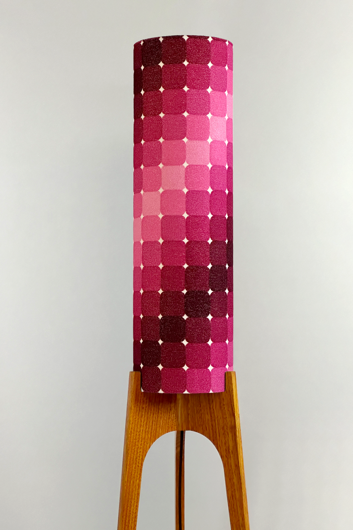 Roxy - Handcrafted wooden Rocket floor lamp with a unique design, handmade lampshade from 70's vintage fabric in in graduating shades of blush pink, raspberry, berry and deep burgundy.