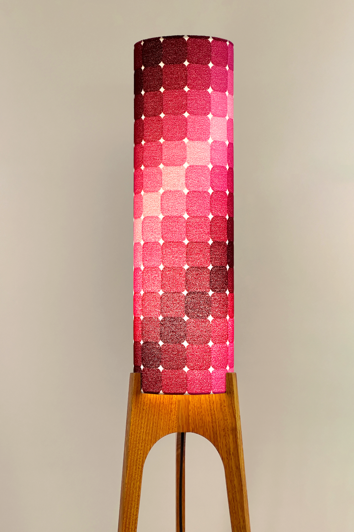 Roxy - Handcrafted wooden Rocket floor lamp with a unique design, handmade lampshade from 70's vintage fabric in in graduating shades of blush pink, raspberry, berry and deep burgundy.