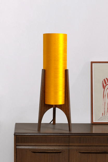 Handmade Wooden Rocket Table Lamp with cylindrical handmade lampshade in premium raw silk, available in Saffron, Marigold, and Hibiscus colour options