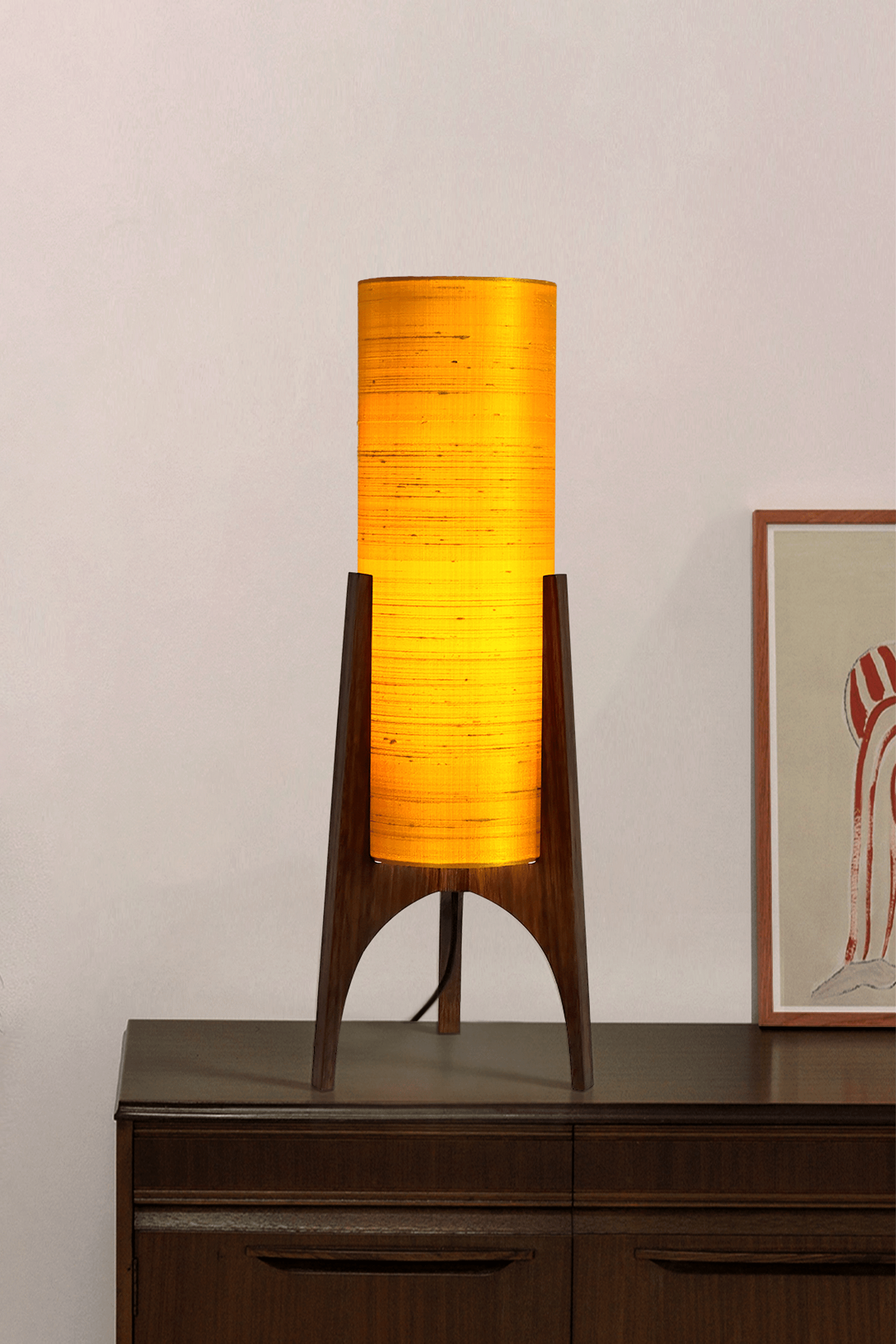 Handmade Wooden Rocket Table Lamp with cylindrical handmade lampshade in premium raw silk, available in Saffron, Marigold, and Hibiscus colour options