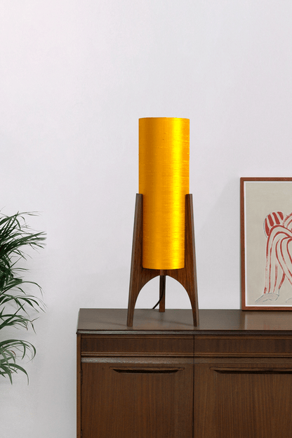 Handmade Wooden Rocket Table Lamp with cylindrical handmade lampshade in premium raw silk, available in Saffron, Marigold, and Hibiscus colour options
