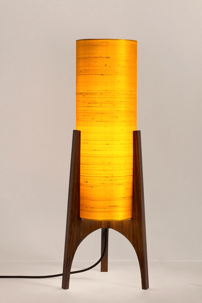 Handmade Wooden Rocket Table Lamp with cylindrical handmade lampshade in premium raw silk, available in Saffron, Marigold, and Hibiscus colour options