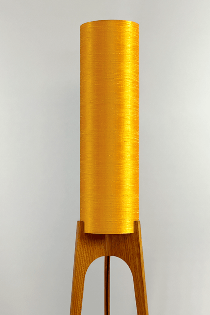 Wooden Rocket Floor Lamp with Saffron Yellow cylindrical handmade lampshade in premium raw silk.