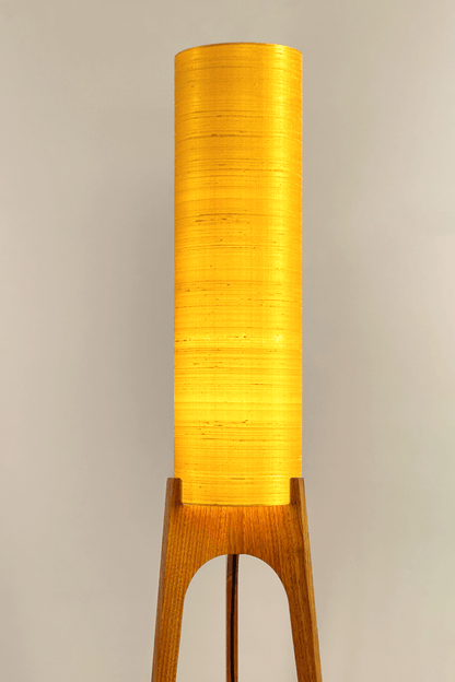Wooden Rocket Floor Lamp with Saffron Yellow cylindrical handmade lampshade in premium raw silk.