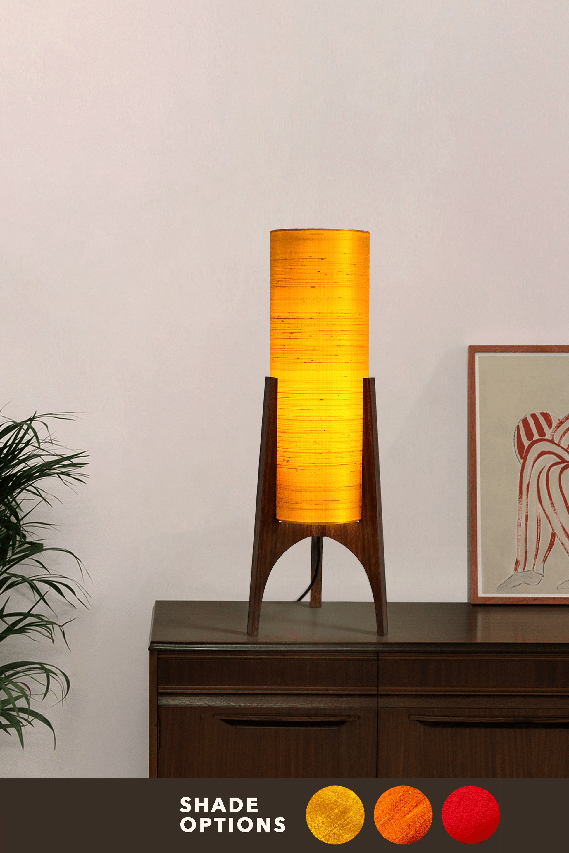 Handmade Wooden Rocket Table Lamp with cylindrical handmade lampshade in premium raw silk, available in Saffron, Marigold, and Hibiscus colour options