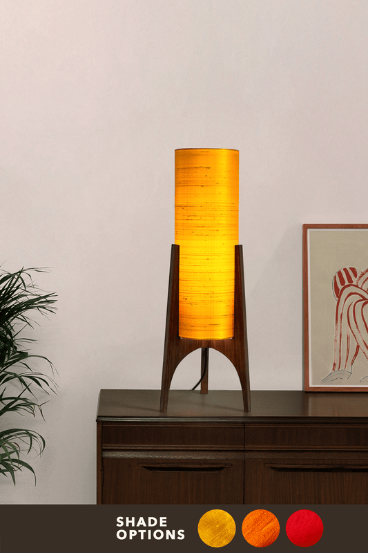 Handmade Wooden Rocket Table Lamp with cylindrical handmade lampshade in premium raw silk, available in Saffron, Marigold, and Hibiscus colour options
