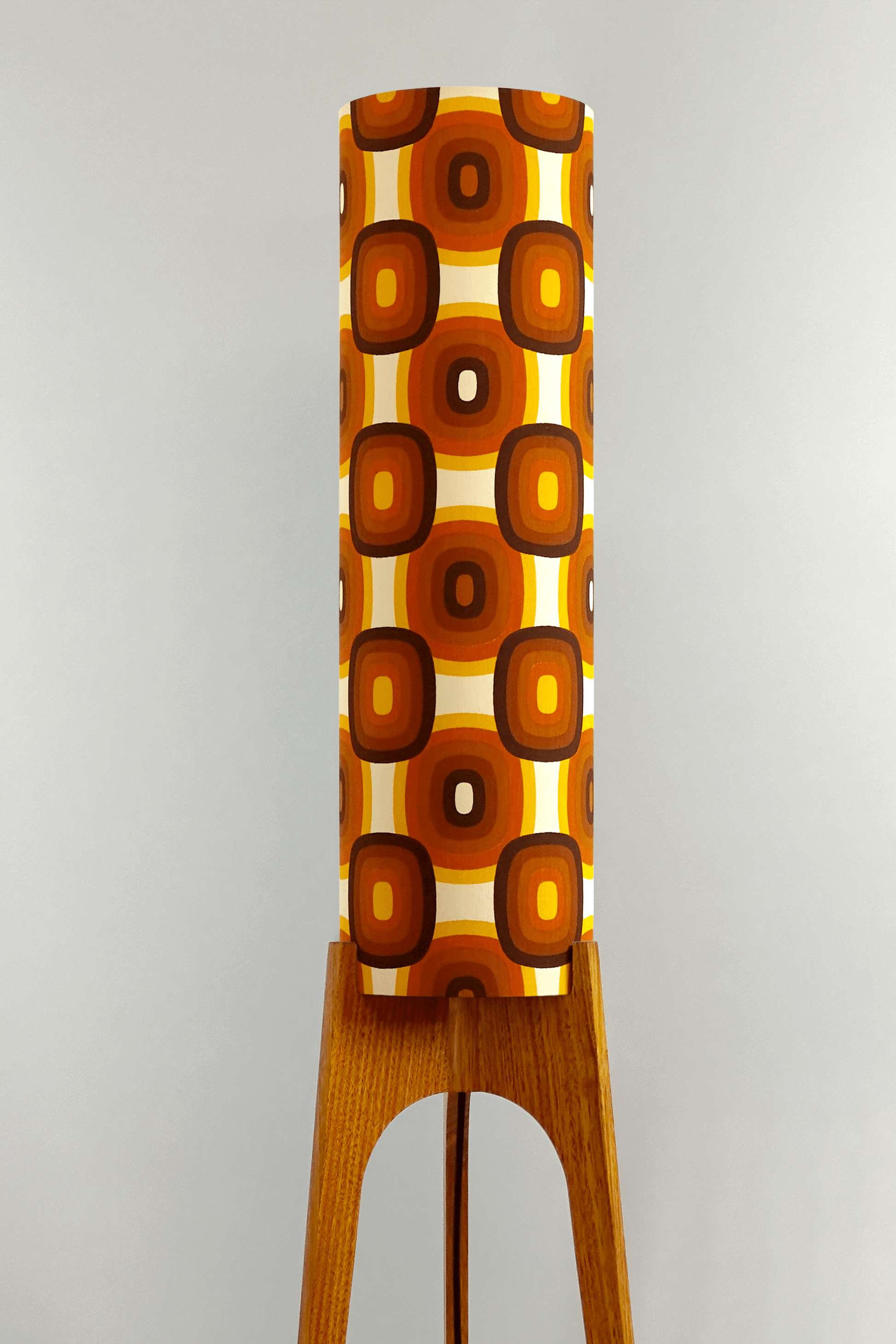 Sonny - Archie Rocket Floor Lamp with handmade lampshade from vintage fabric in retro geometric patterned and wooden lampbase handcrafted from Oak