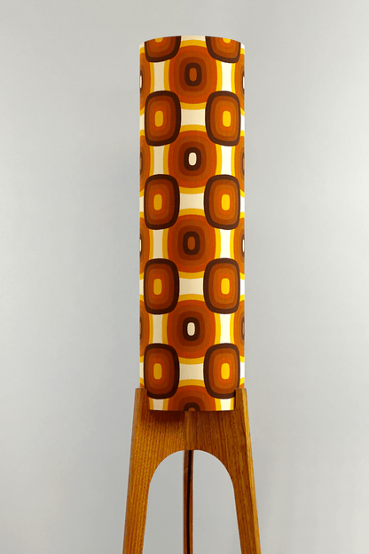 Sonny - Archie Rocket Floor Lamp with handmade lampshade from vintage fabric in retro geometric patterned and wooden lampbase handcrafted from Oak