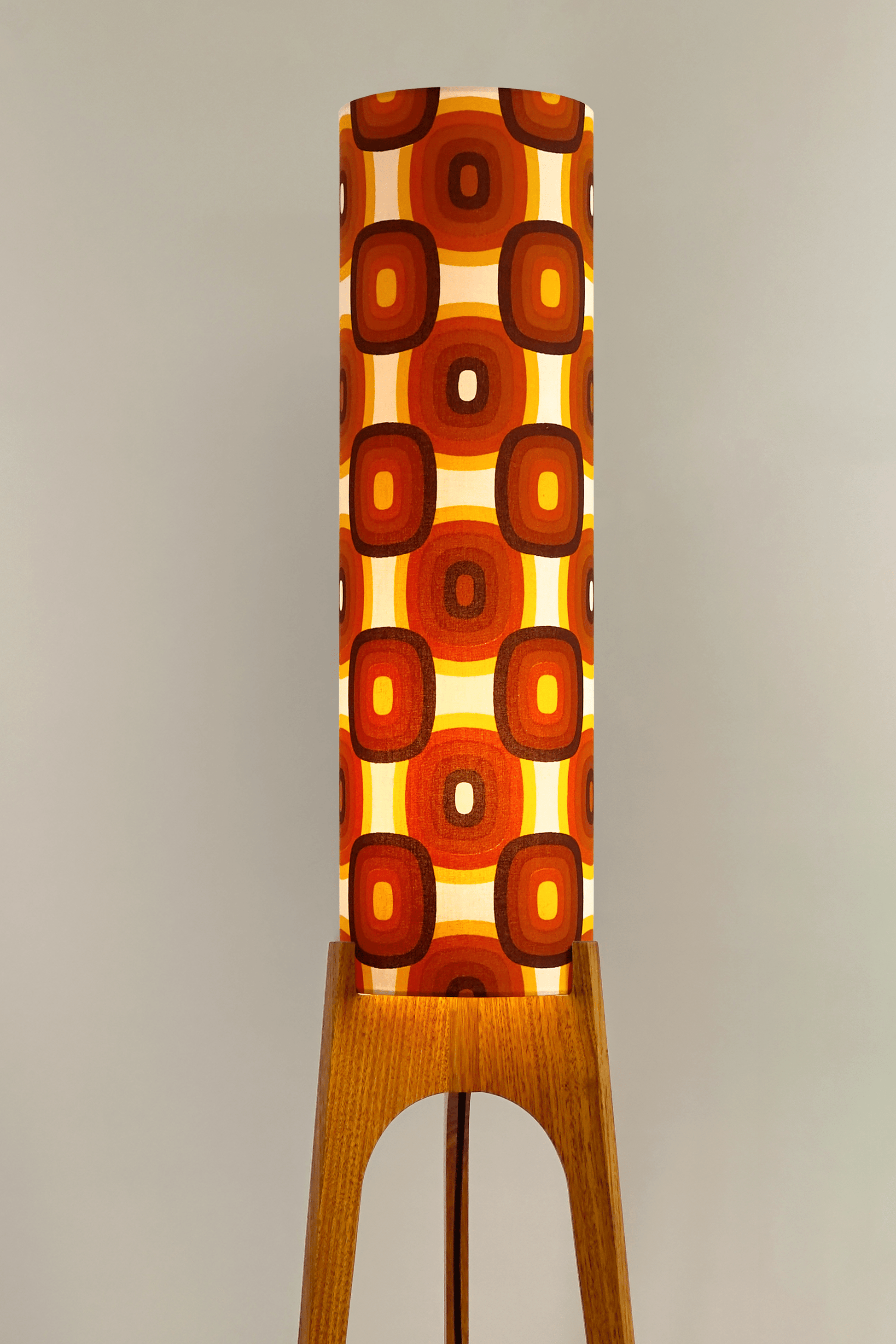 Sonny - Archie Rocket Floor Lamp with handmade lampshade from vintage fabric in retro geometric patterned and wooden lampbase handcrafted from Oak