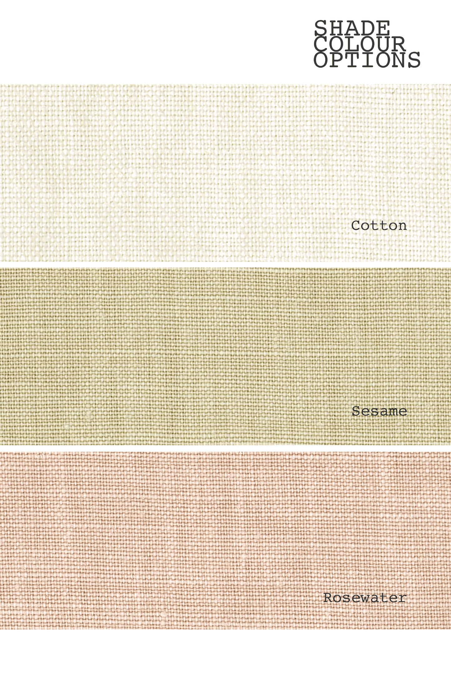 Premium Linen fabric swatches labelled 'Cotton', 'Sesame', and 'Rosewater' on a white background.