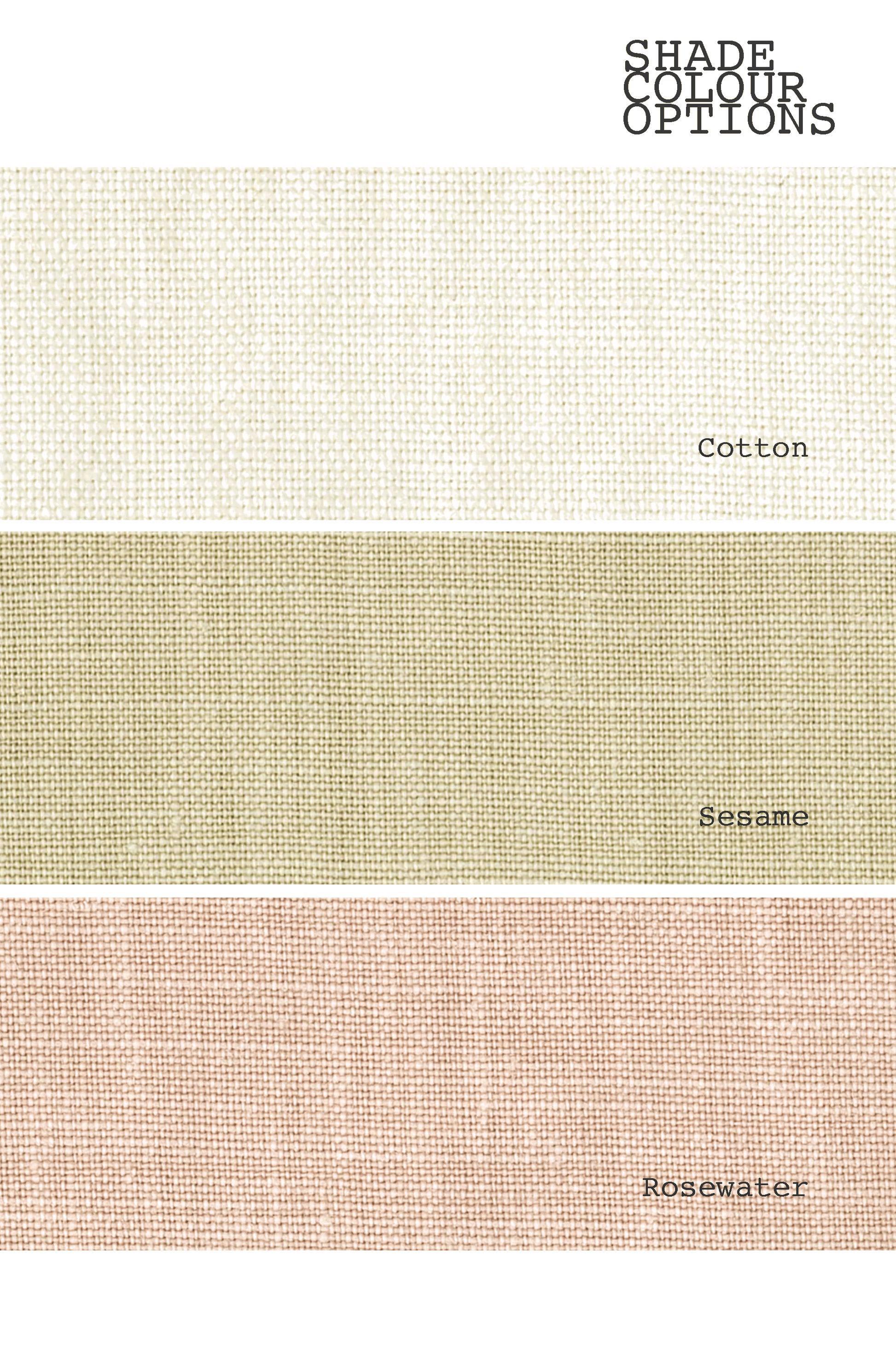 Premium Linen fabric swatches labelled 'Cotton', 'Sesame', and 'Rosewater' on a white background.