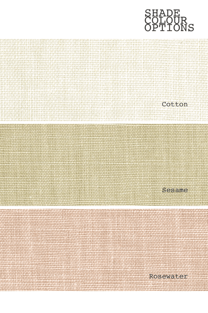 Premium Linen fabric swatches labelled 'Cotton', 'Sesame', and 'Rosewater' on a white background.