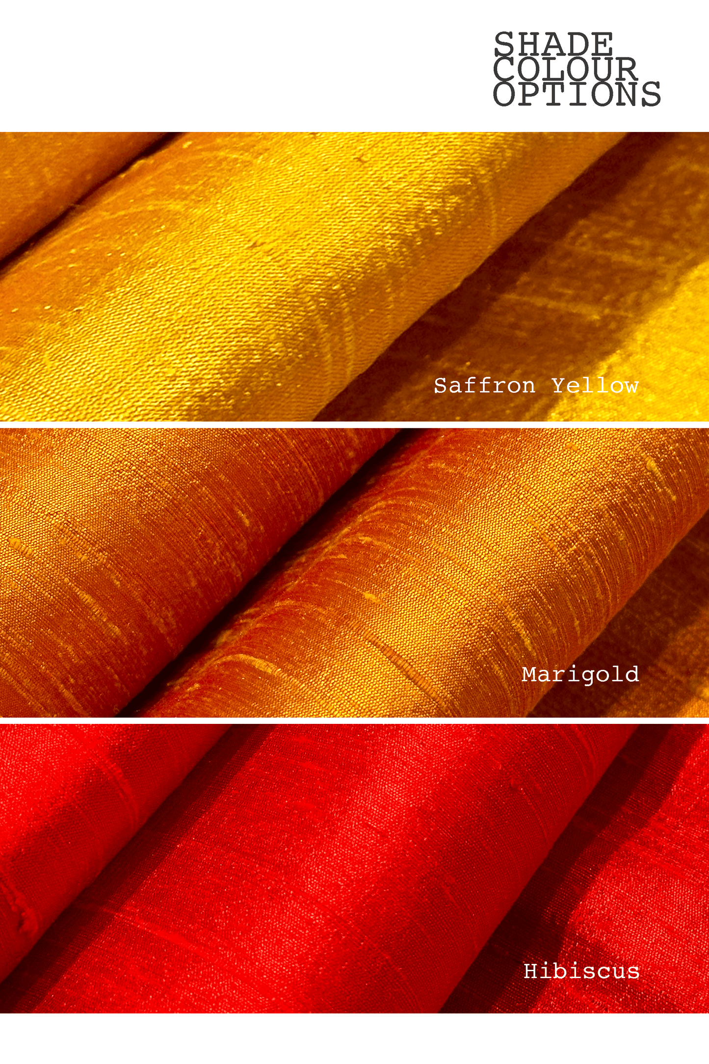 Raw Silk Fabric swatches in saffron yellow, marigold, and hibiscus colors with text indicating color options.