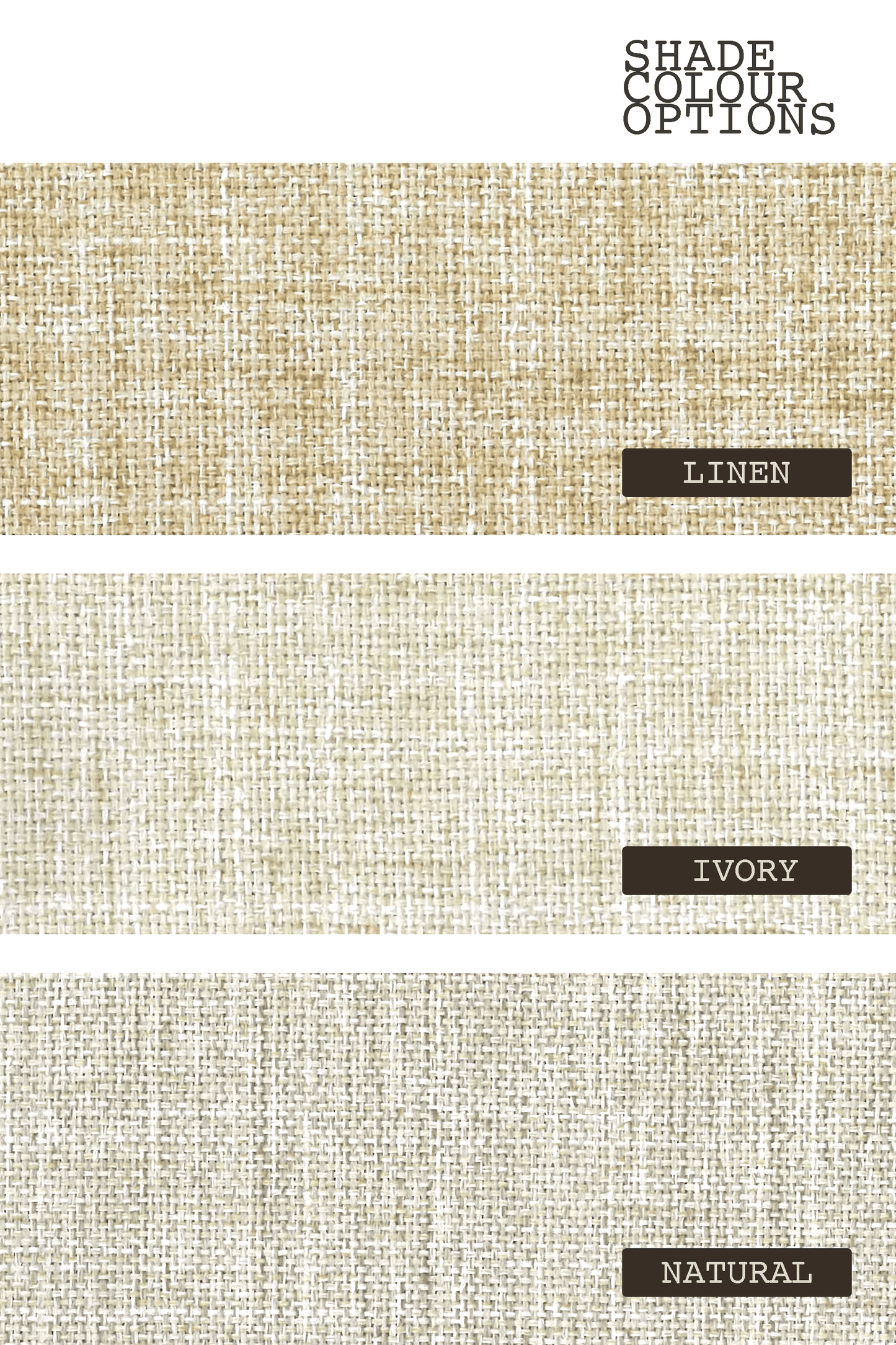 Textured fabric swatches labeled 'Linen', 'Ivory', and 'Natural' on a white background.