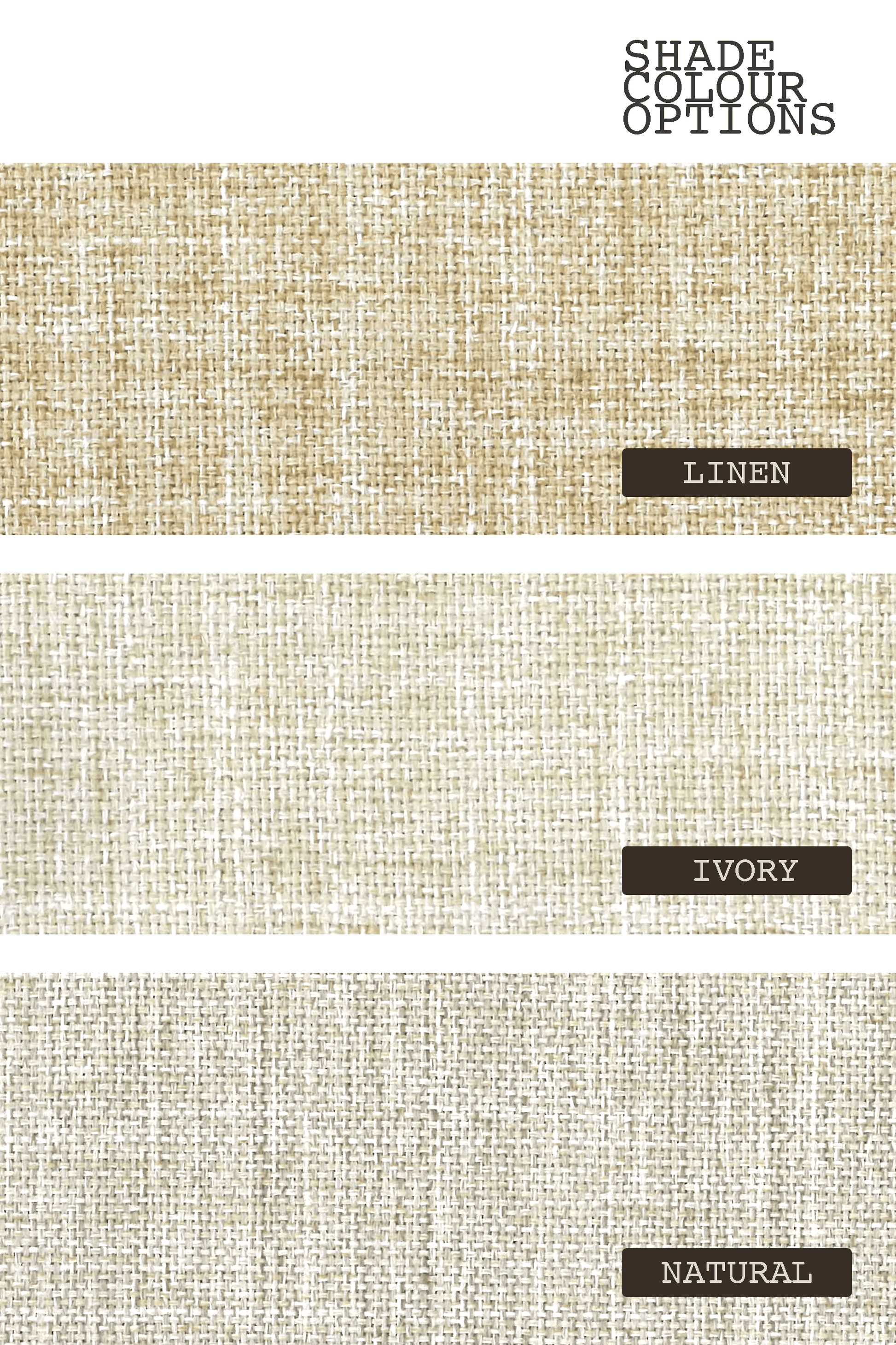 Textured fabric swatches labeled 'Linen', 'Ivory', and 'Natural' on a white background.