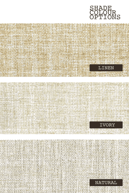 Textured fabric swatches labeled 'Linen', 'Ivory', and 'Natural' on a white background.