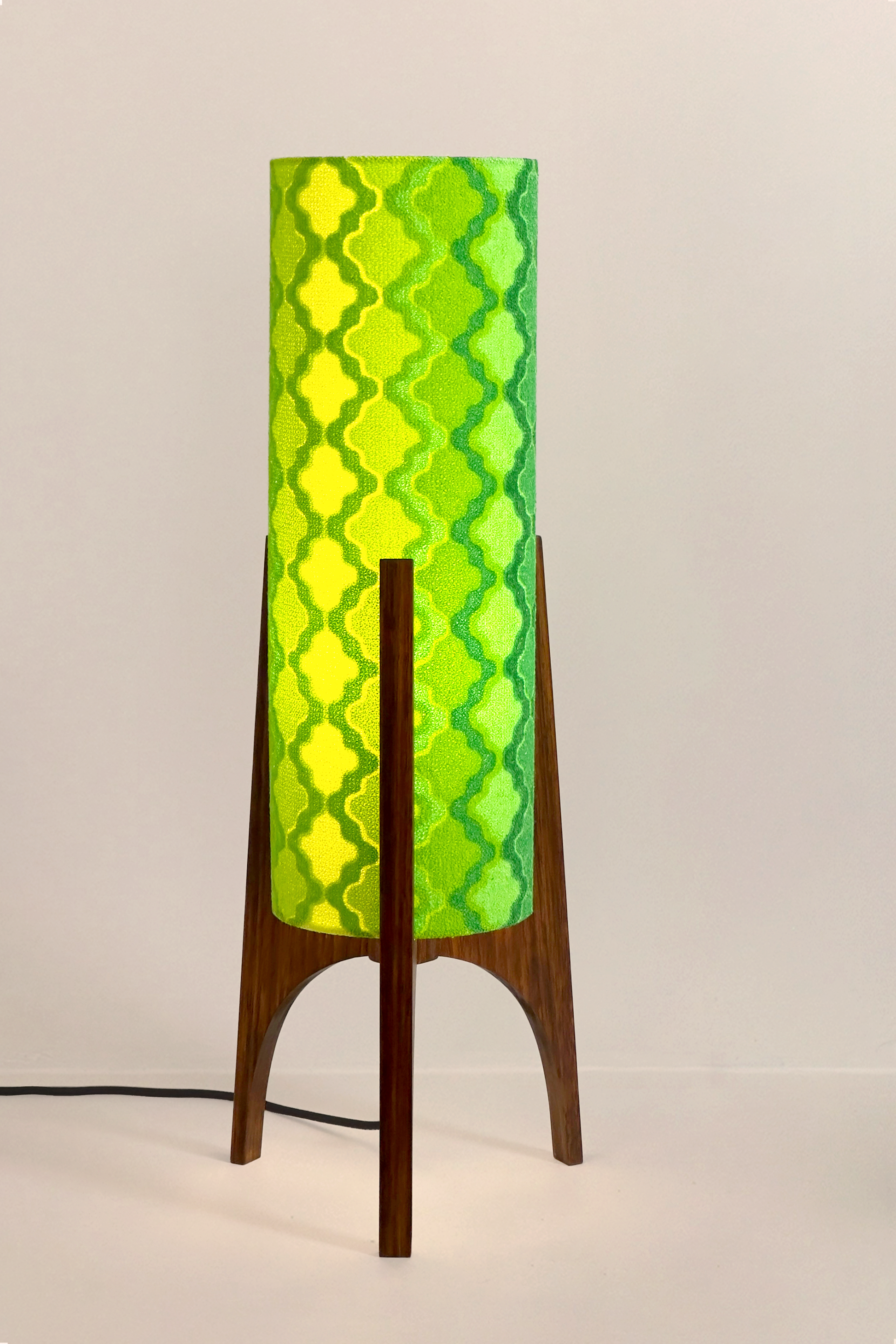Handmade Archie Rocket Table Lamp with yellow green geometric patterns lampshade made from vintage terry cloth and hardwood base