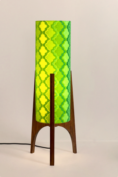 Handmade Archie Rocket Table Lamp with yellow green geometric patterns lampshade made from vintage terry cloth and hardwood base