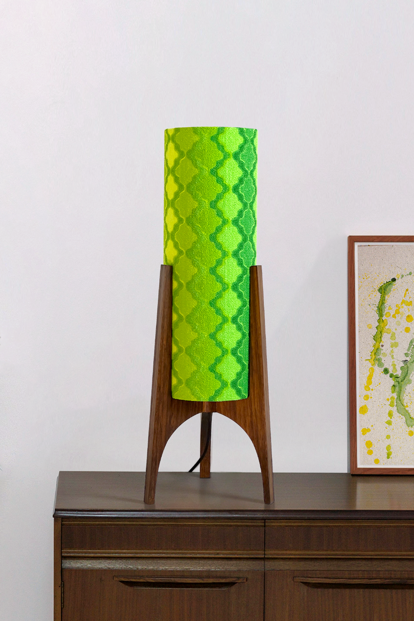 Handmade Archie Rocket Table Lamp with yellow green geometric patterns lampshade made from vintage terry cloth and hardwood base