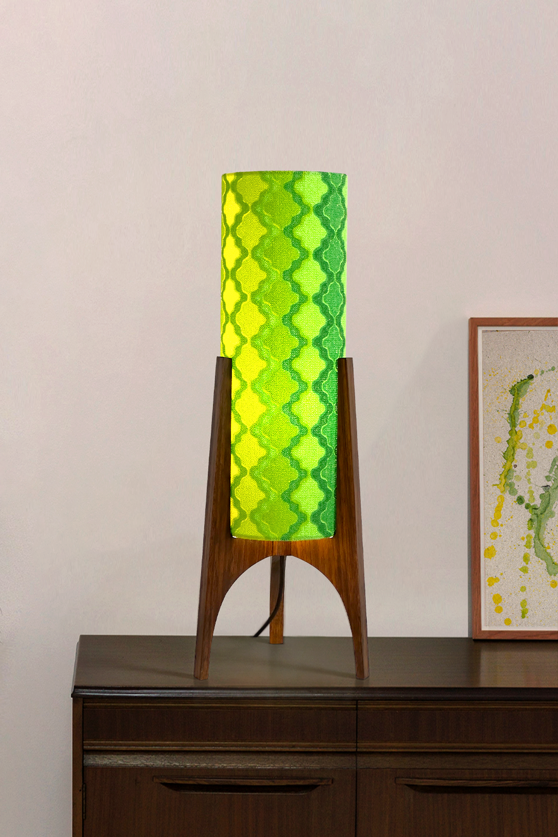 Handmade Archie Rocket Table Lamp with yellow green geometric patterns lampshade made from vintage terry cloth and hardwood base