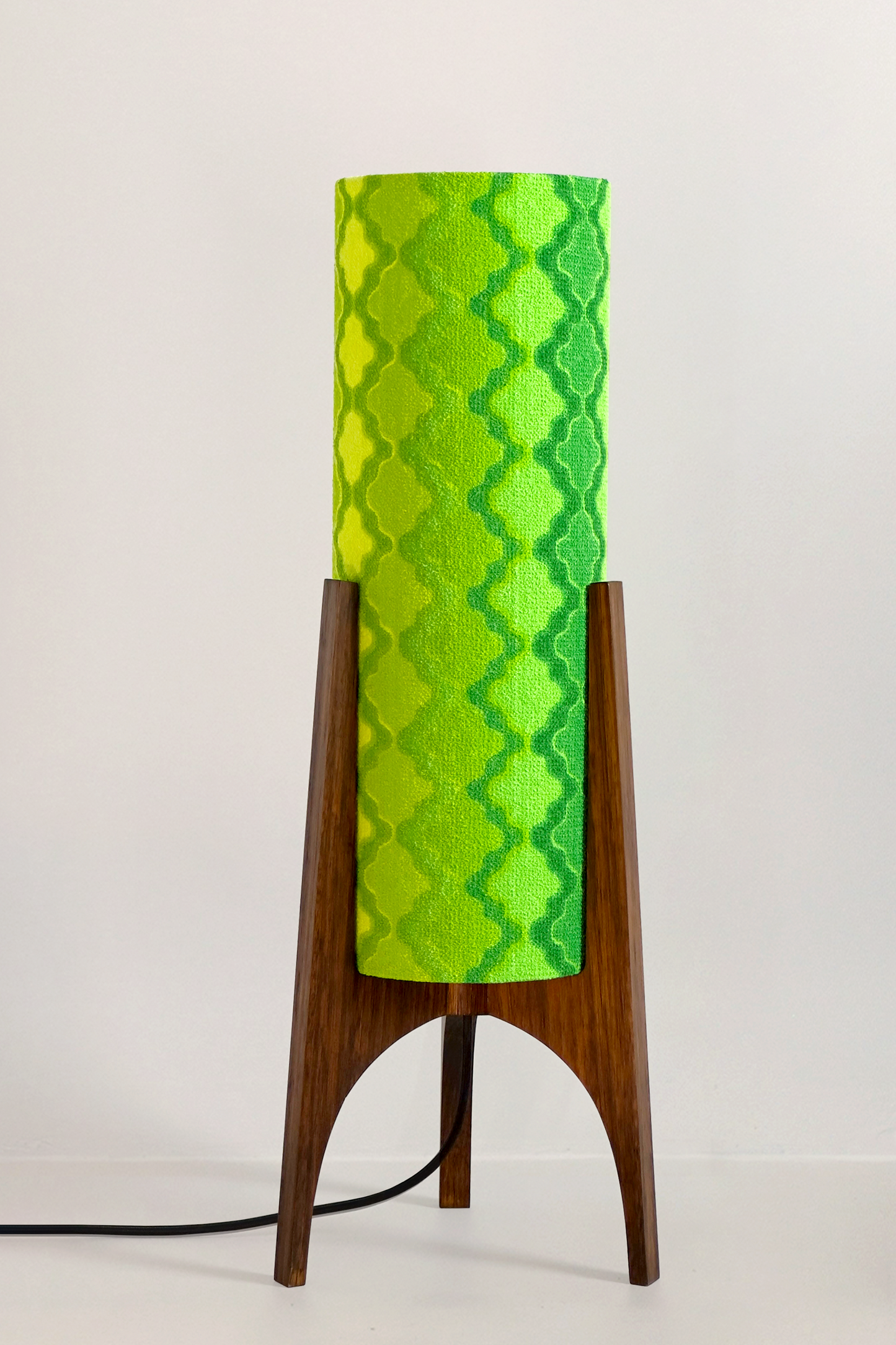 Handmade Archie Rocket Table Lamp with yellow green geometric patterns lampshade made from vintage terry cloth and hardwood base