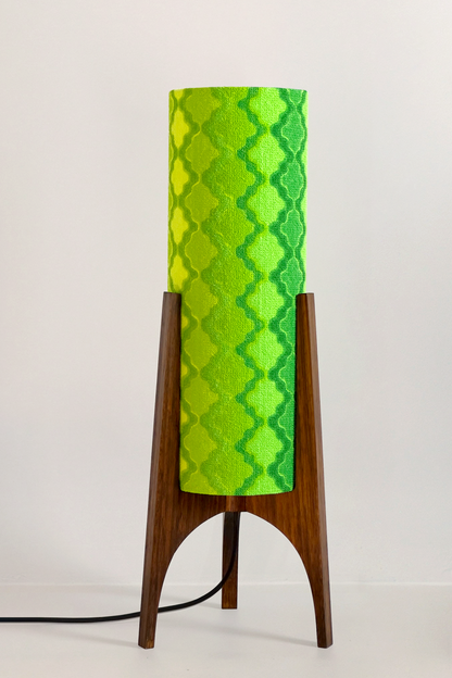 Handmade Archie Rocket Table Lamp with yellow green geometric patterns lampshade made from vintage terry cloth and hardwood base