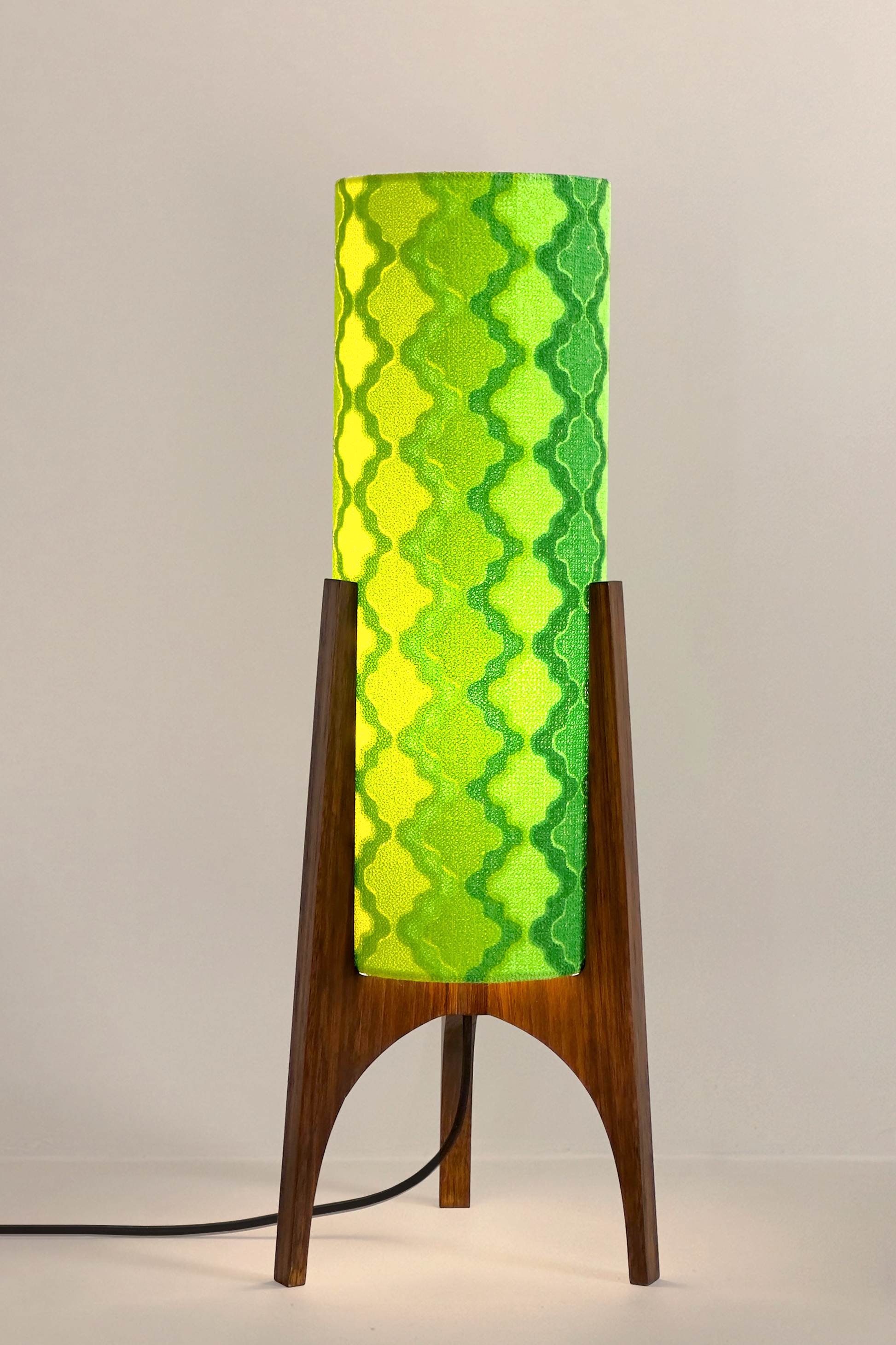 Handmade Archie Rocket Table Lamp with yellow green geometric patterns lampshade made from vintage terry cloth and hardwood base