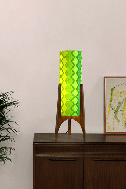 Handmade Archie Rocket Table Lamp with yellow green geometric patterns lampshade made from vintage terry cloth and hardwood base