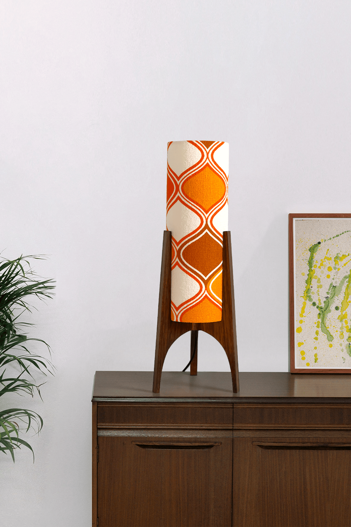 Handmade Archie Rocket Table Lamp with orange & brown geometric patterns lampshade made from vintage terry cloth and hardwood base