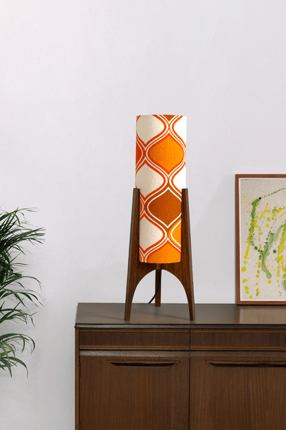 Handmade Archie Rocket Table Lamp with orange & brown geometric patterns lampshade made from vintage terry cloth and hardwood base
