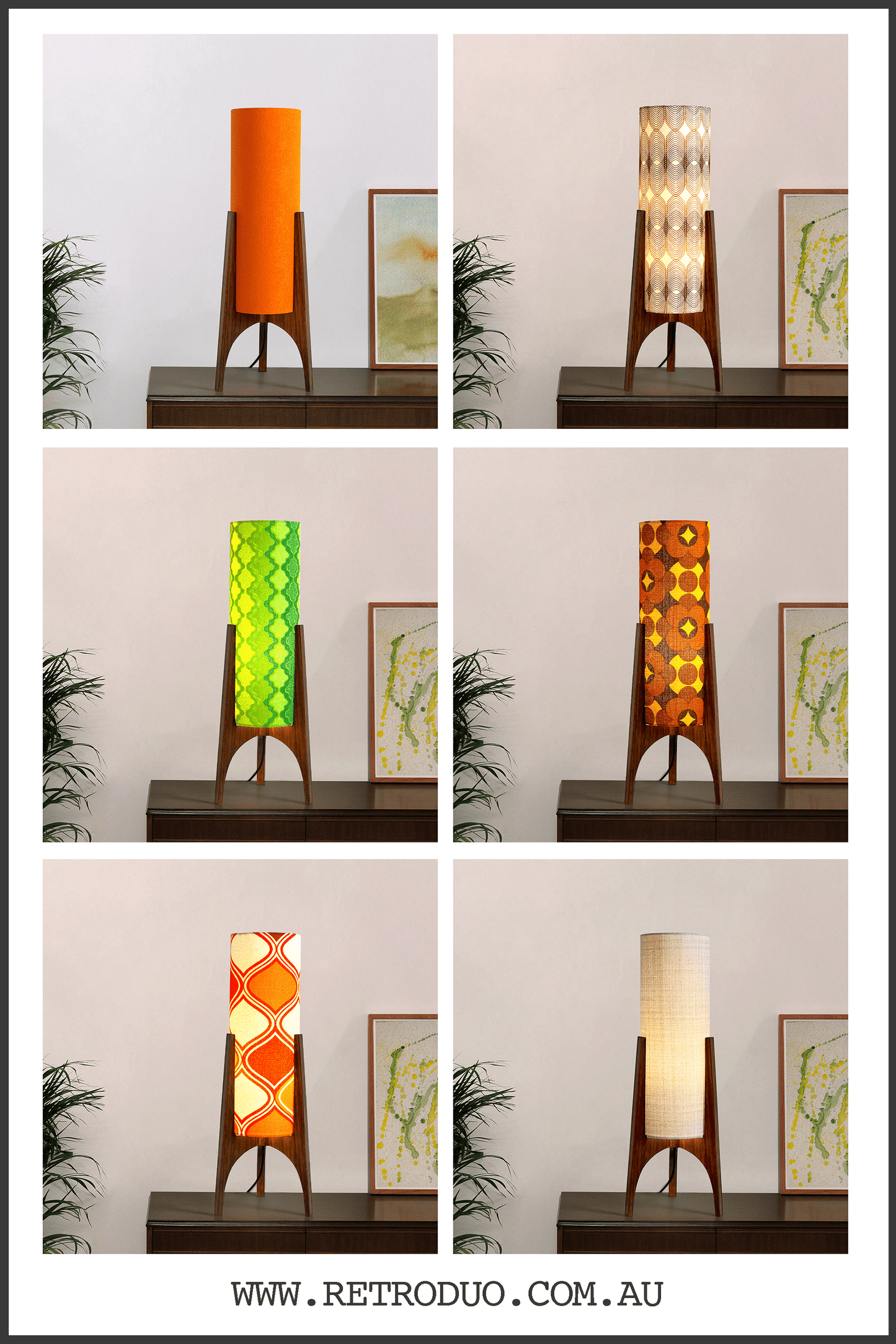 Collage of Archie Rocket Table lamp collections with a geometric design in various settings.