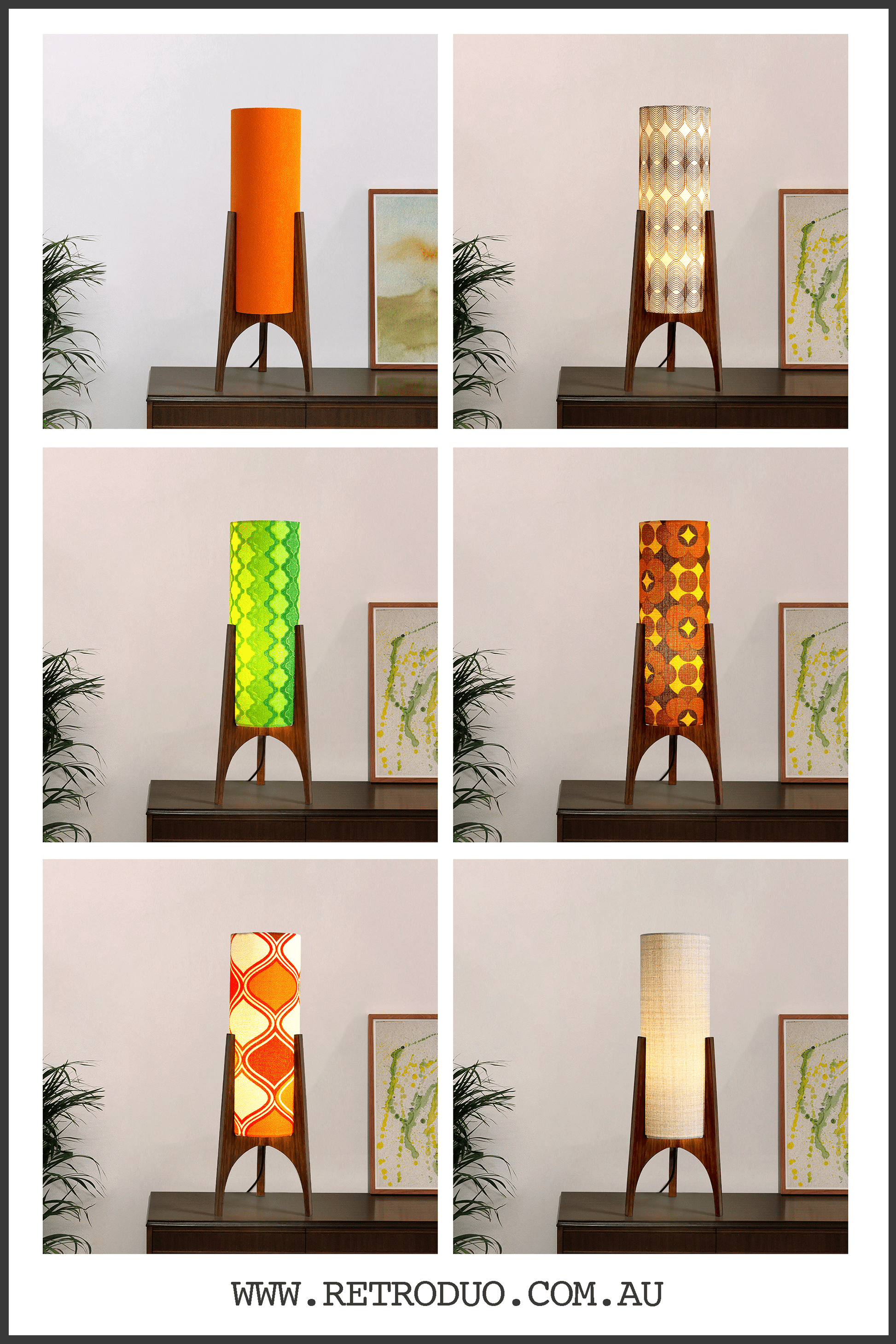 Collage of Archie Rocket Table lamp collections with a geometric design in various settings.
