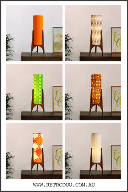 Collage of Archie Rocket Table lamp collections with a geometric design in various settings.
