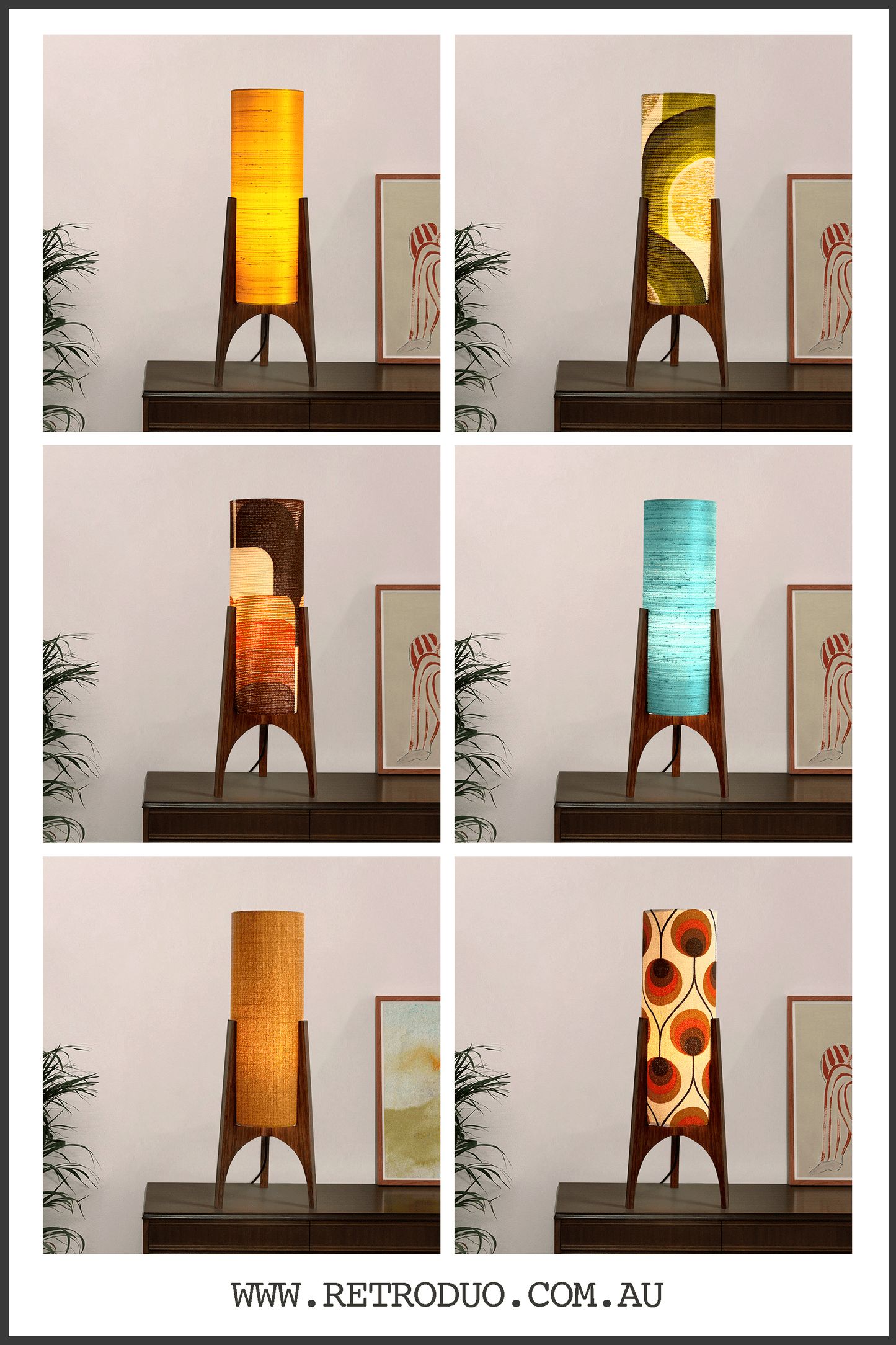Collage of Archie Rocket Table lamp collections with a geometric design in various settings.