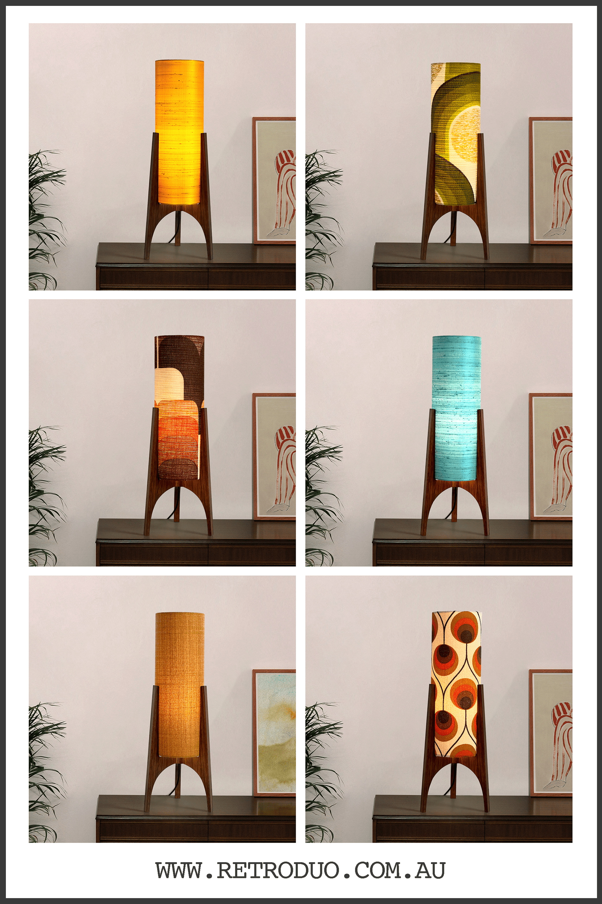 Collage of Archie Rocket Table lamp collections with a geometric design in various settings.