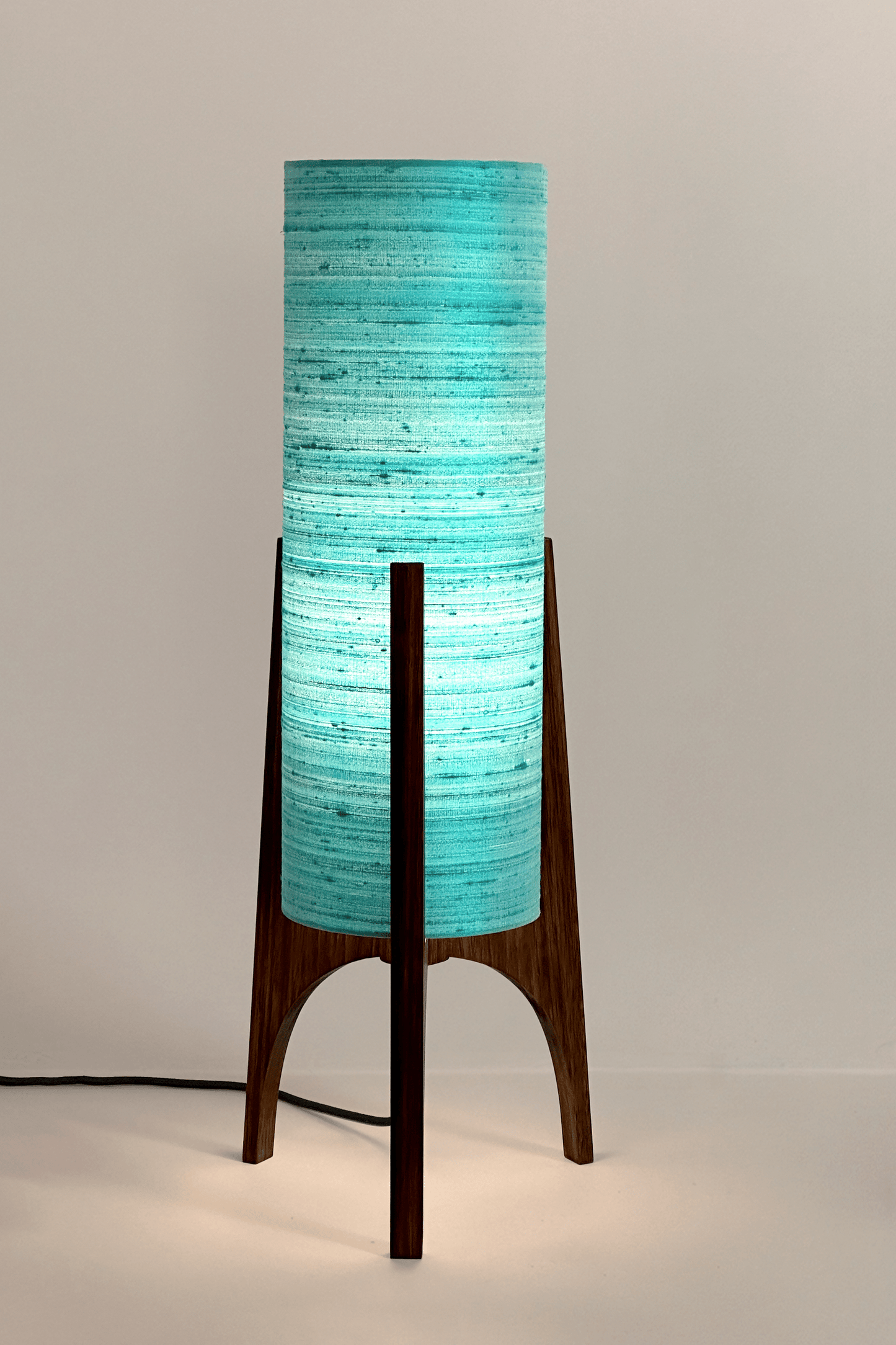 Wooden Rocket Floor Lamp with 
Turquoise / Teal Blue cylindrical handmade lampshade with premium raw silk