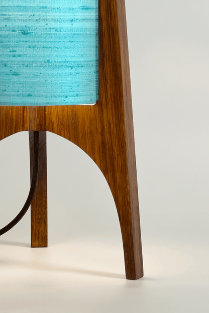 Wooden Rocket Floor Lamp with 
Turquoise / Teal Blue cylindrical handmade lampshade with premium raw silk