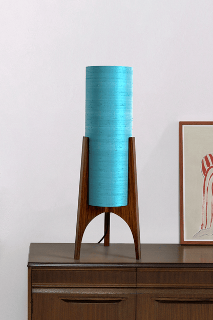 Wooden Rocket Floor Lamp with 
Turquoise / Teal Blue cylindrical handmade lampshade with premium raw silk