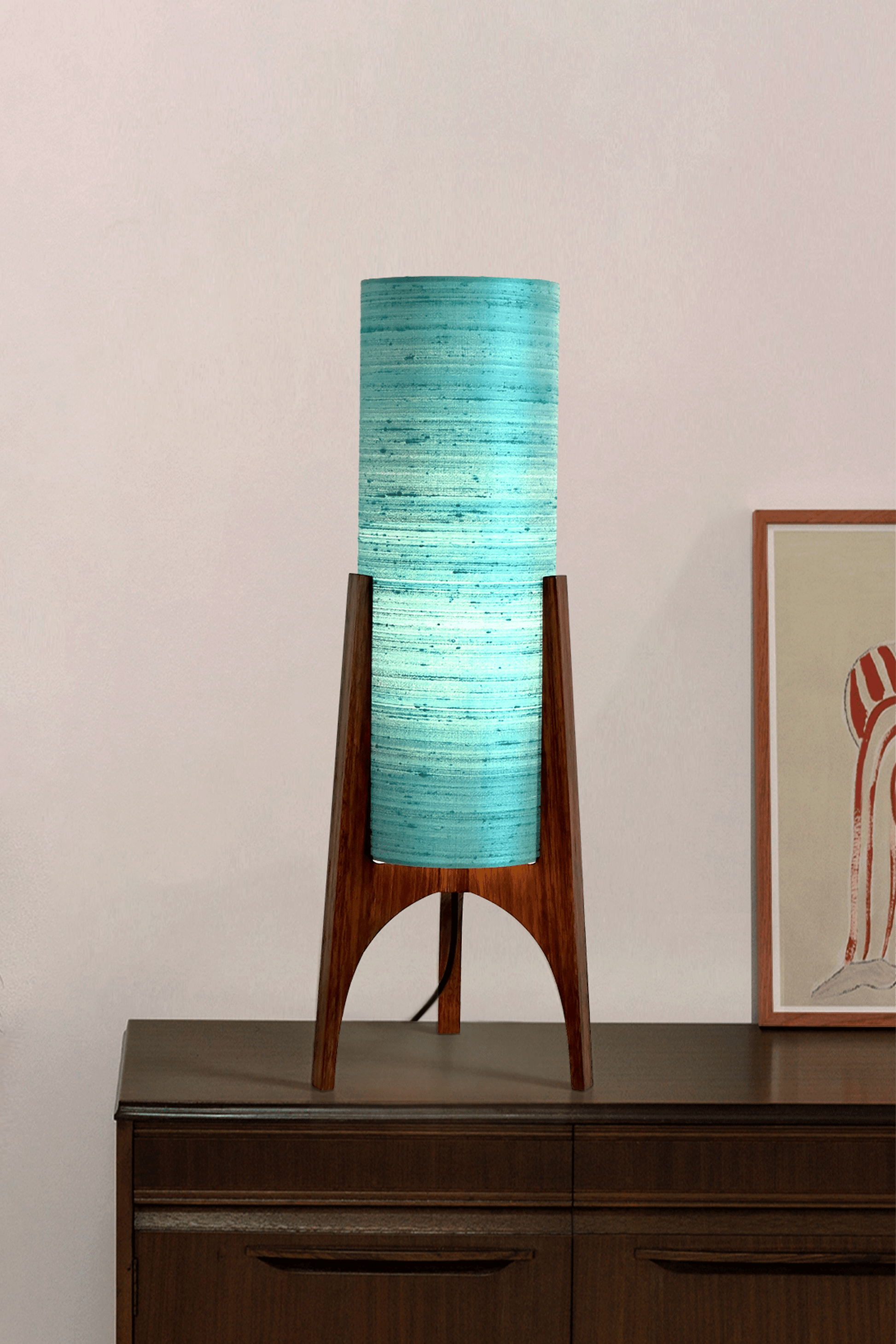 Wooden Rocket Floor Lamp with 
Turquoise / Teal Blue cylindrical handmade lampshade with premium raw silk