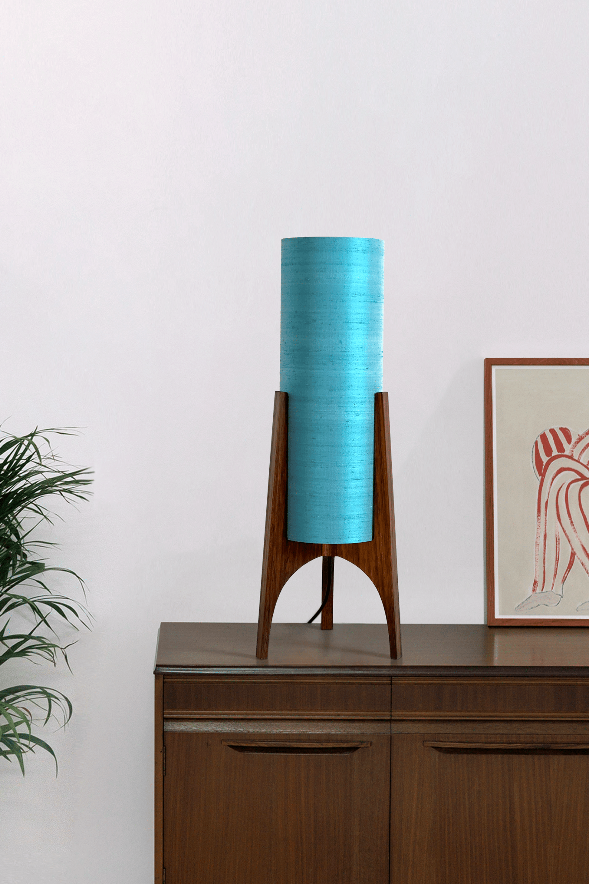 Wooden Rocket Floor Lamp with 
Turquoise / Teal Blue cylindrical handmade lampshade with premium raw silk