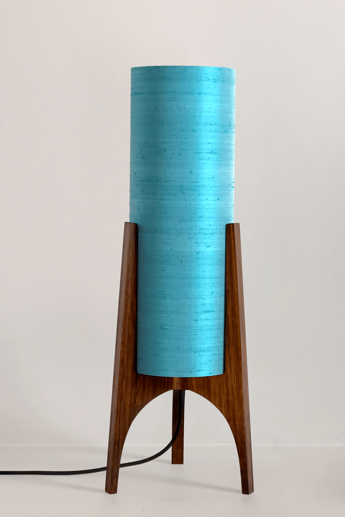 Wooden Rocket Floor Lamp with 
Turquoise / Teal Blue cylindrical handmade lampshade with premium raw silk