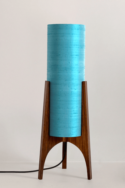 Wooden Rocket Floor Lamp with 
Turquoise / Teal Blue cylindrical handmade lampshade with premium raw silk