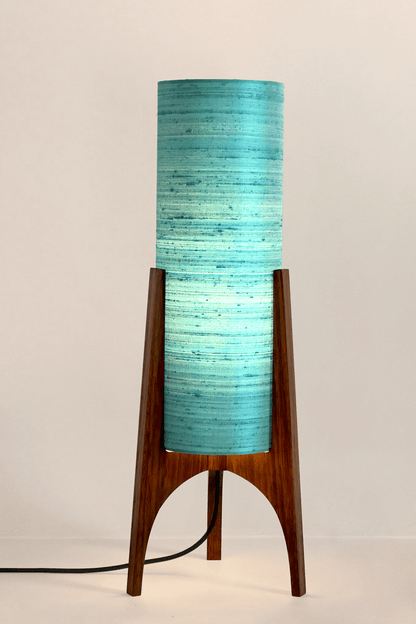 Wooden Rocket Floor Lamp with 
Turquoise / Teal Blue cylindrical handmade lampshade with premium raw silk