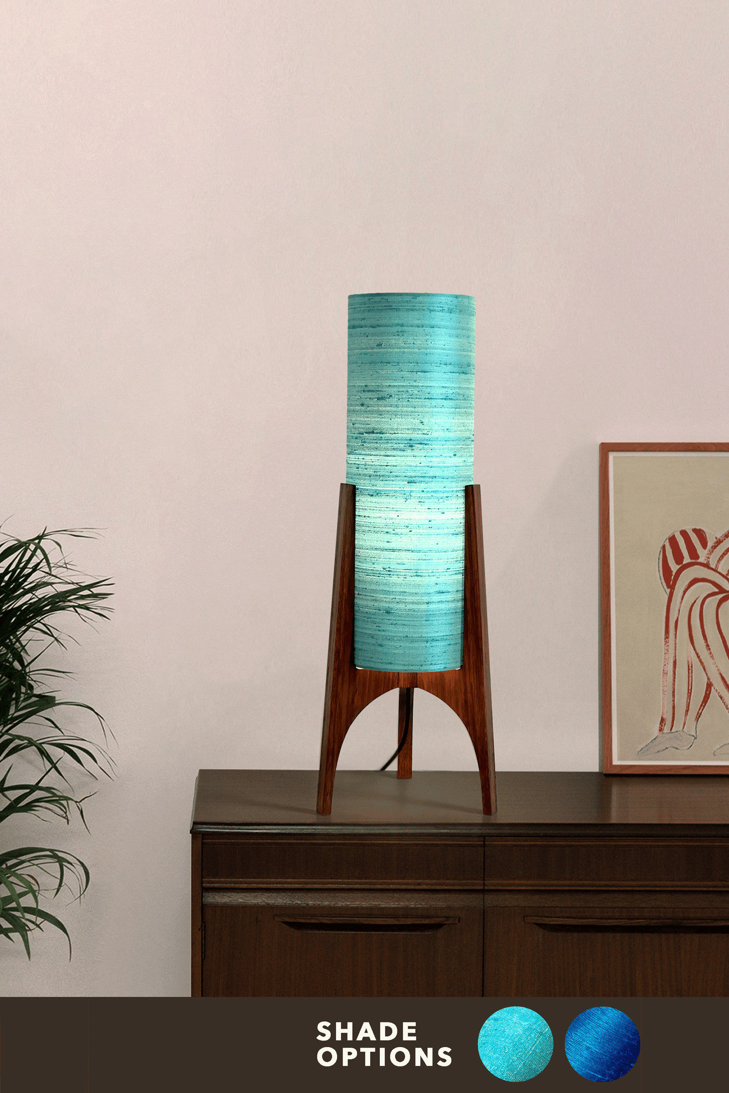 Wooden Rocket Floor Lamp with 
Turquoise / Teal Blue cylindrical handmade lampshade with premium raw silk