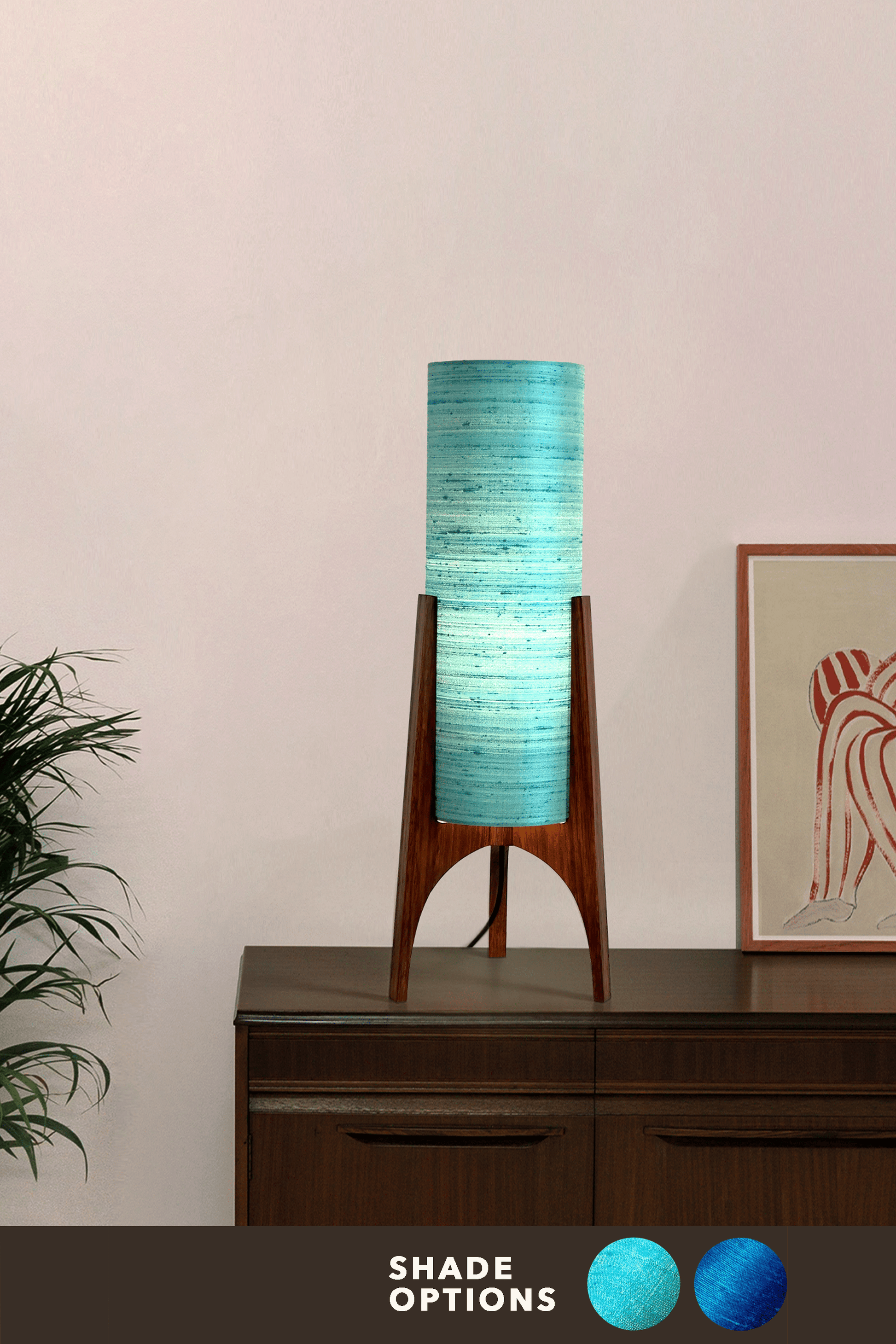 Wooden Rocket Floor Lamp with 
Turquoise / Teal Blue cylindrical handmade lampshade with premium raw silk