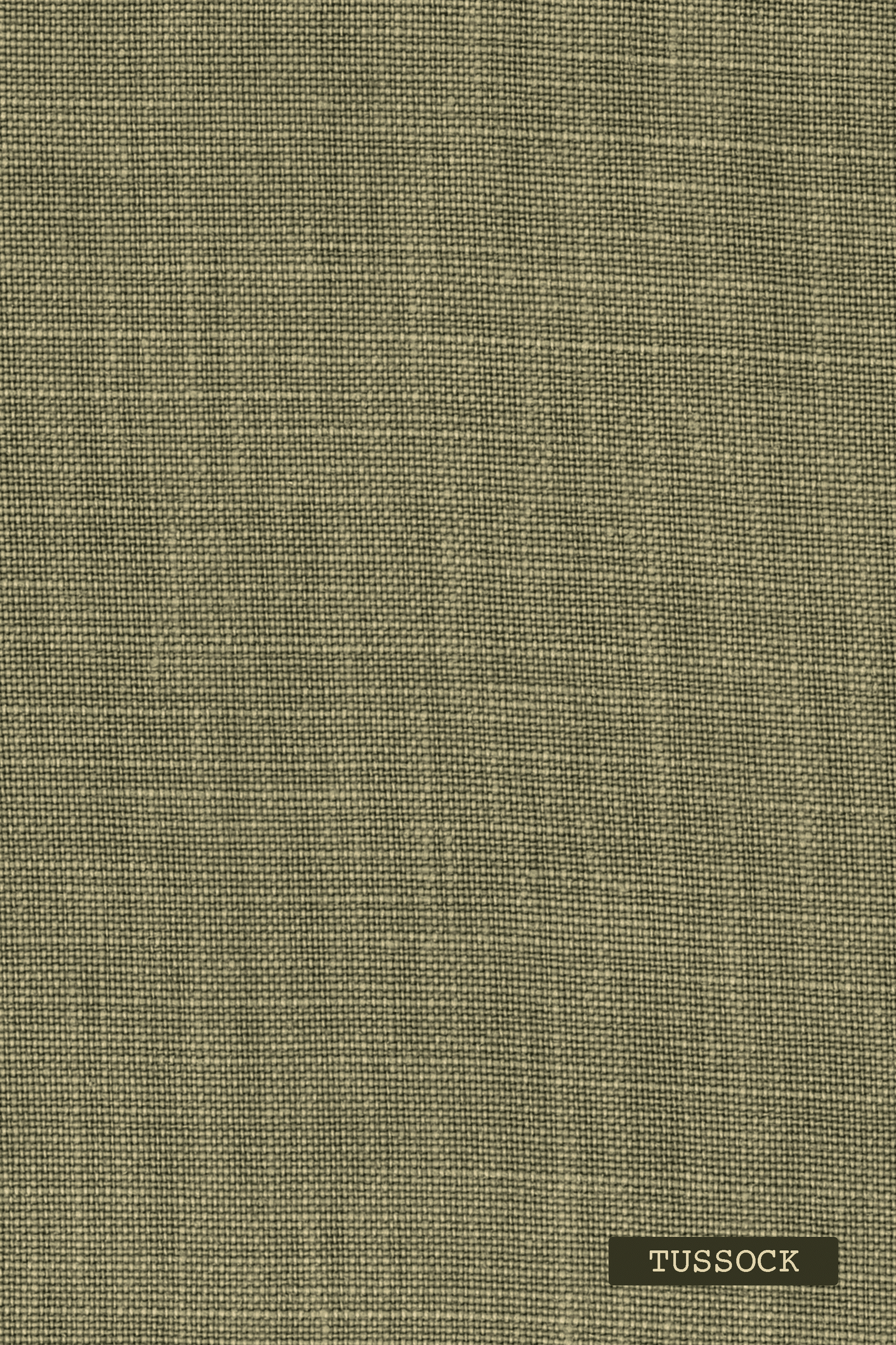 Premium Linen textured green fabric with 'Tussock' label