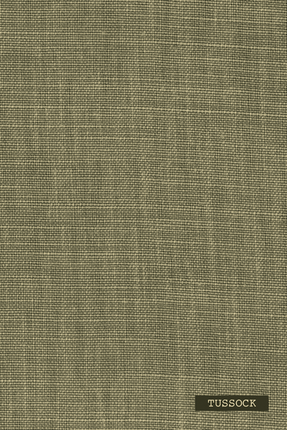 Premium Linen textured green fabric with 'Tussock' label