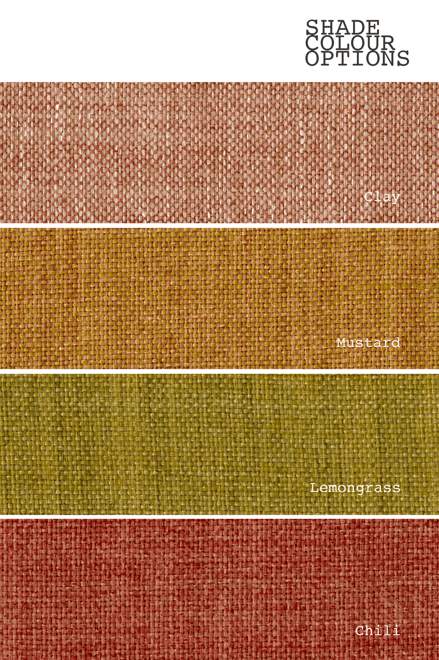 Color swatches labeled 'Clay', 'Mustard', 'Lemongrass', and 'Chilli' on a textured fabric background.